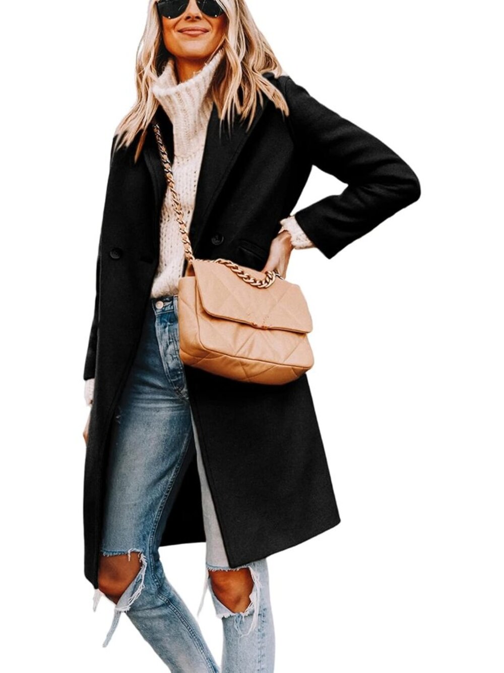 Women's Notch Lapel Double Breasted Black Wool Blend Mid Long Pea Trench Coat - Picture 2 of 6